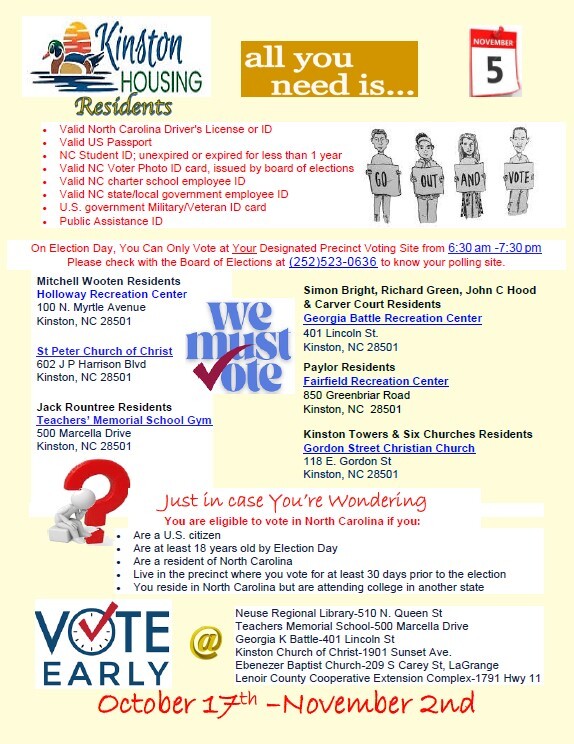 Kinston Housing Residents Voting Flyer. All information on this flyer is listed above.