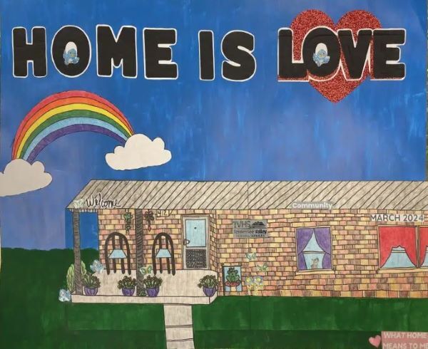 What Home Means to Me 2025 Calendar. A child drawing of a home and rainbow with the text Home is Love.